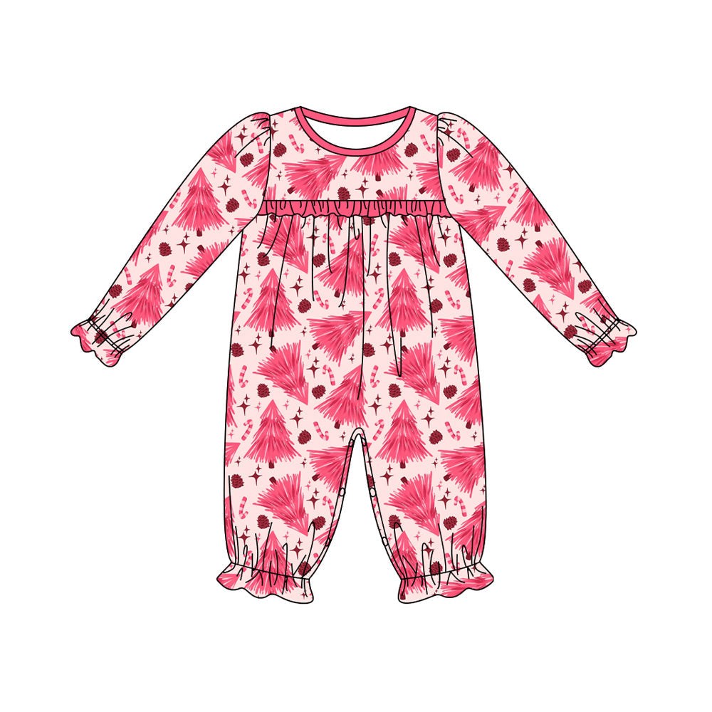 Long sleeves pink Christmas tree baby girls romper