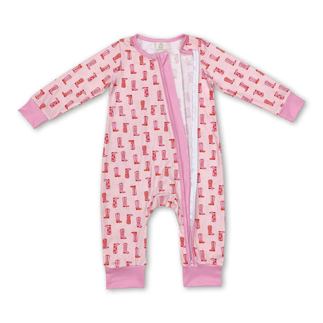 Pink boots baby girls western zipper romper