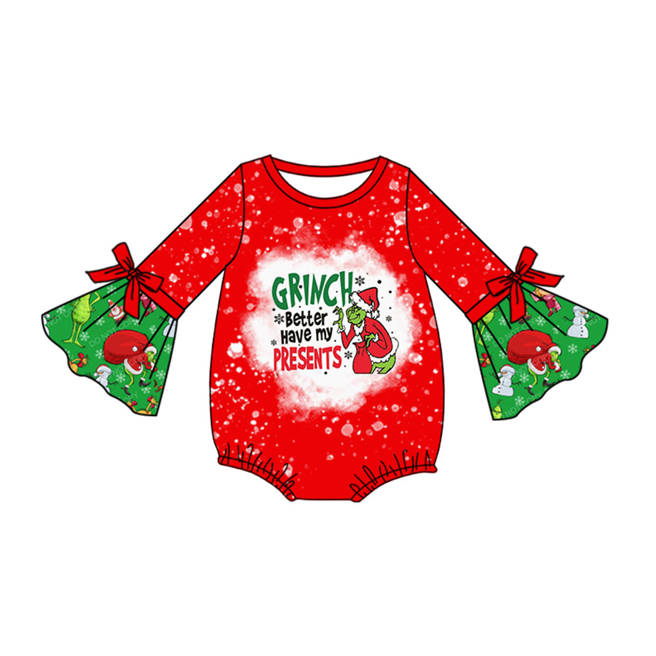 Ruffle long sleeves green face presents baby Christmas romper