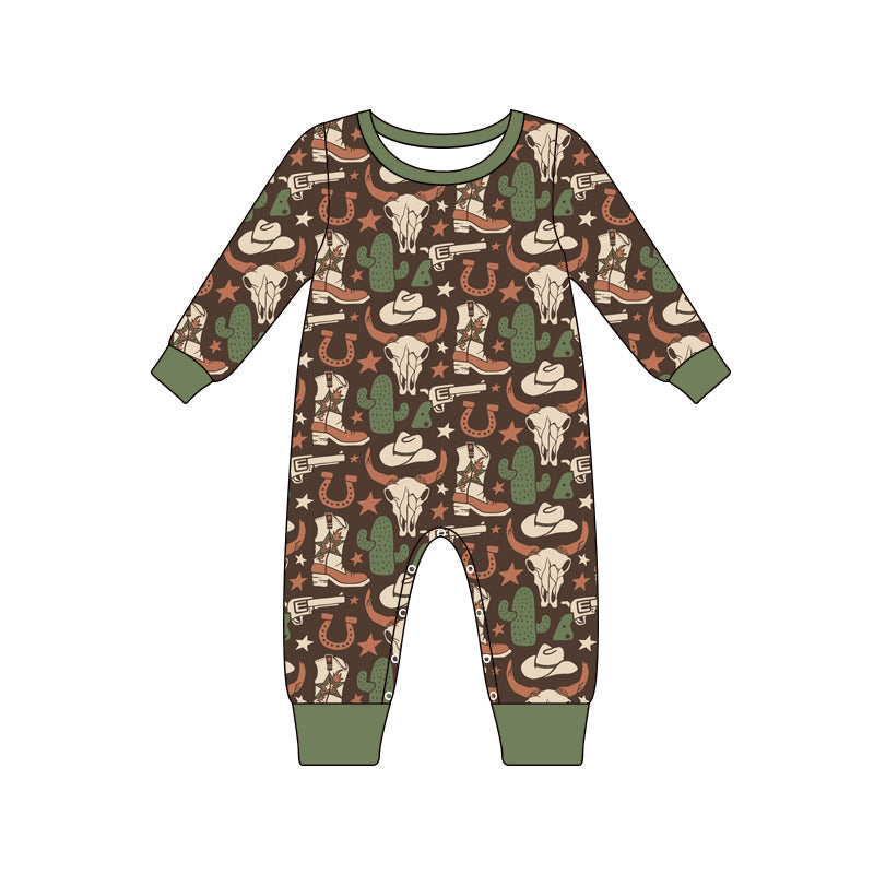 Long sleeves bull skull cactus baby boy western romper