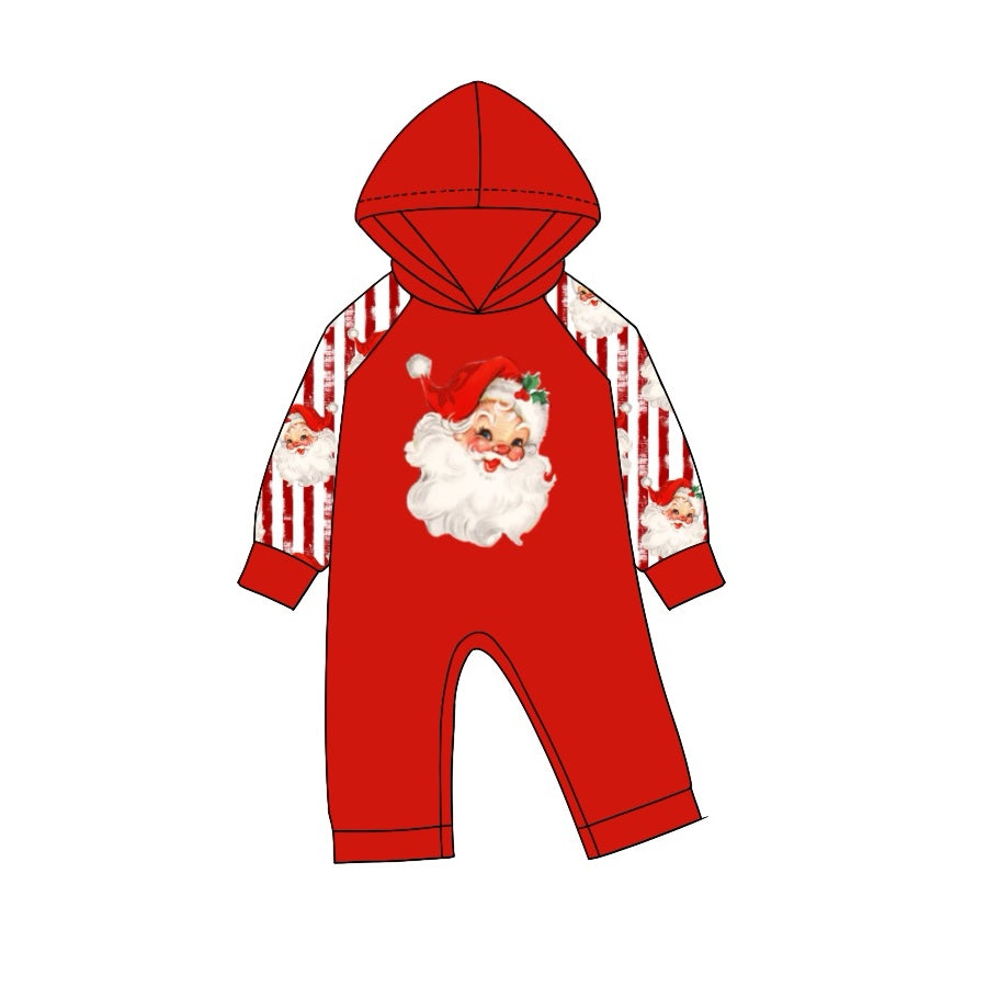 Long sleeves stripe santa baby boys hooded Christmas romper