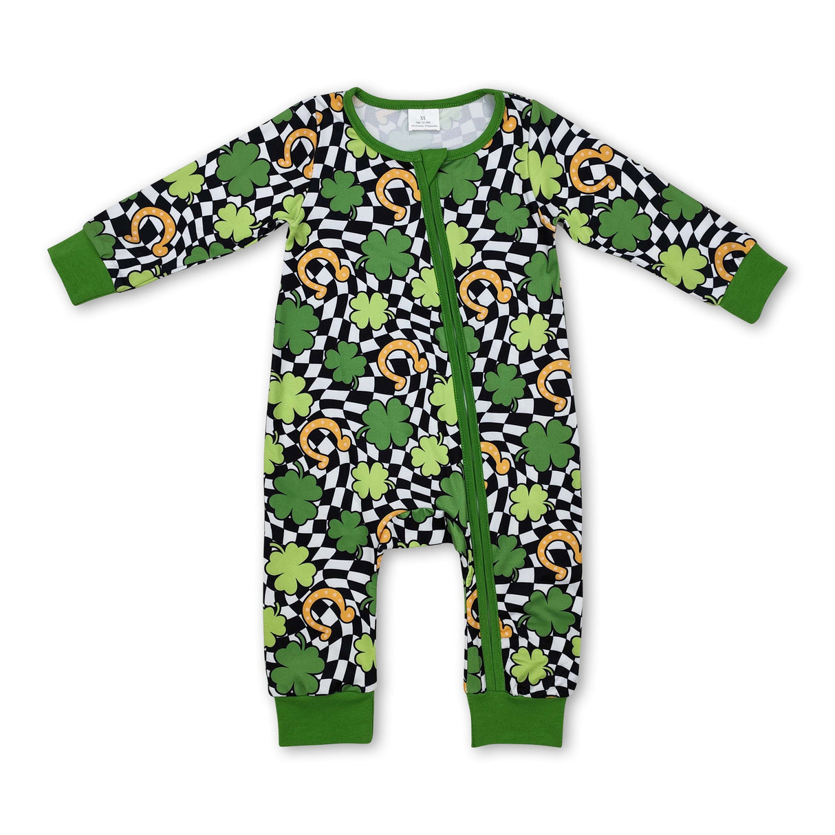 Green plaid clovers baby St Patrick's zipper romper