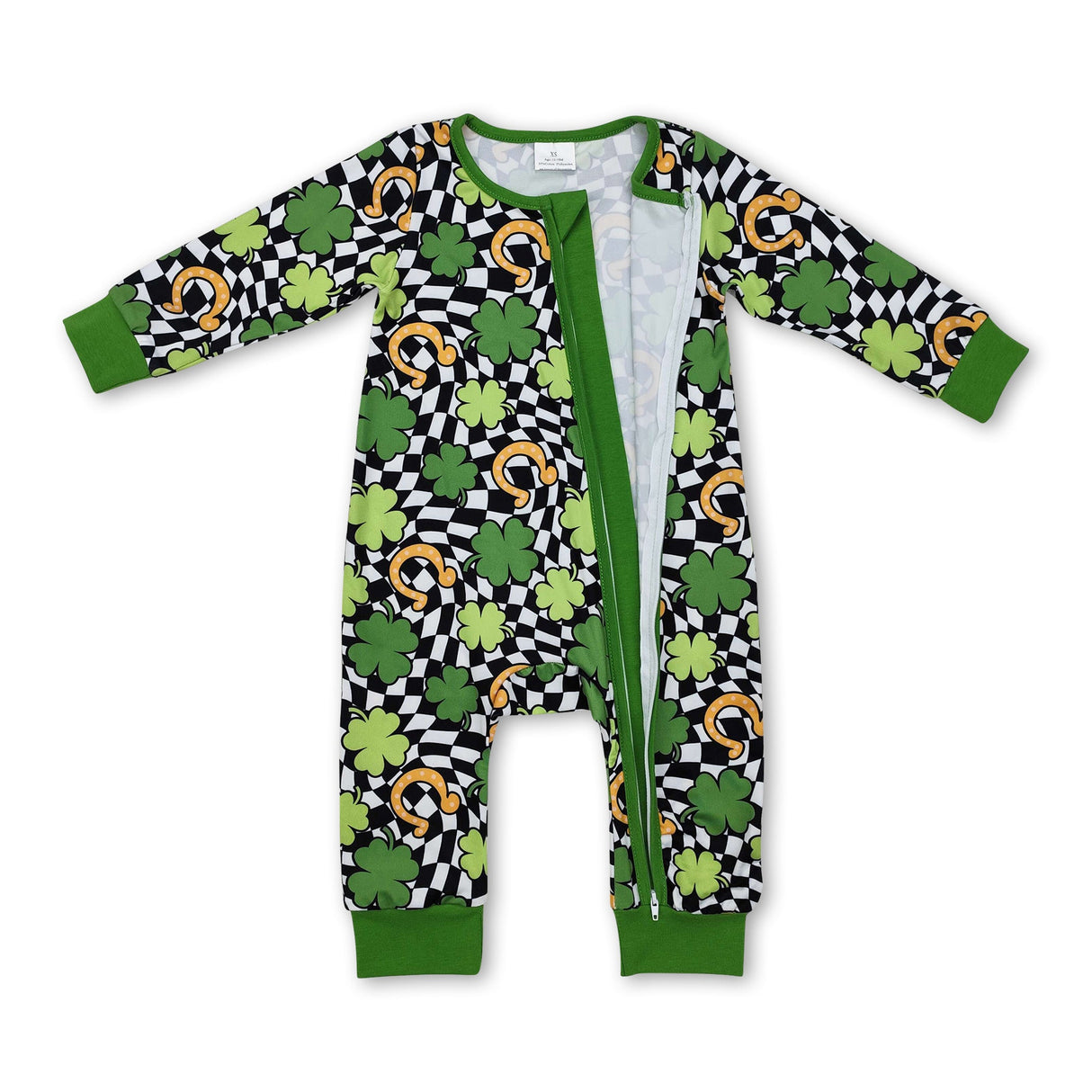 Green plaid clovers baby St Patrick's zipper romper
