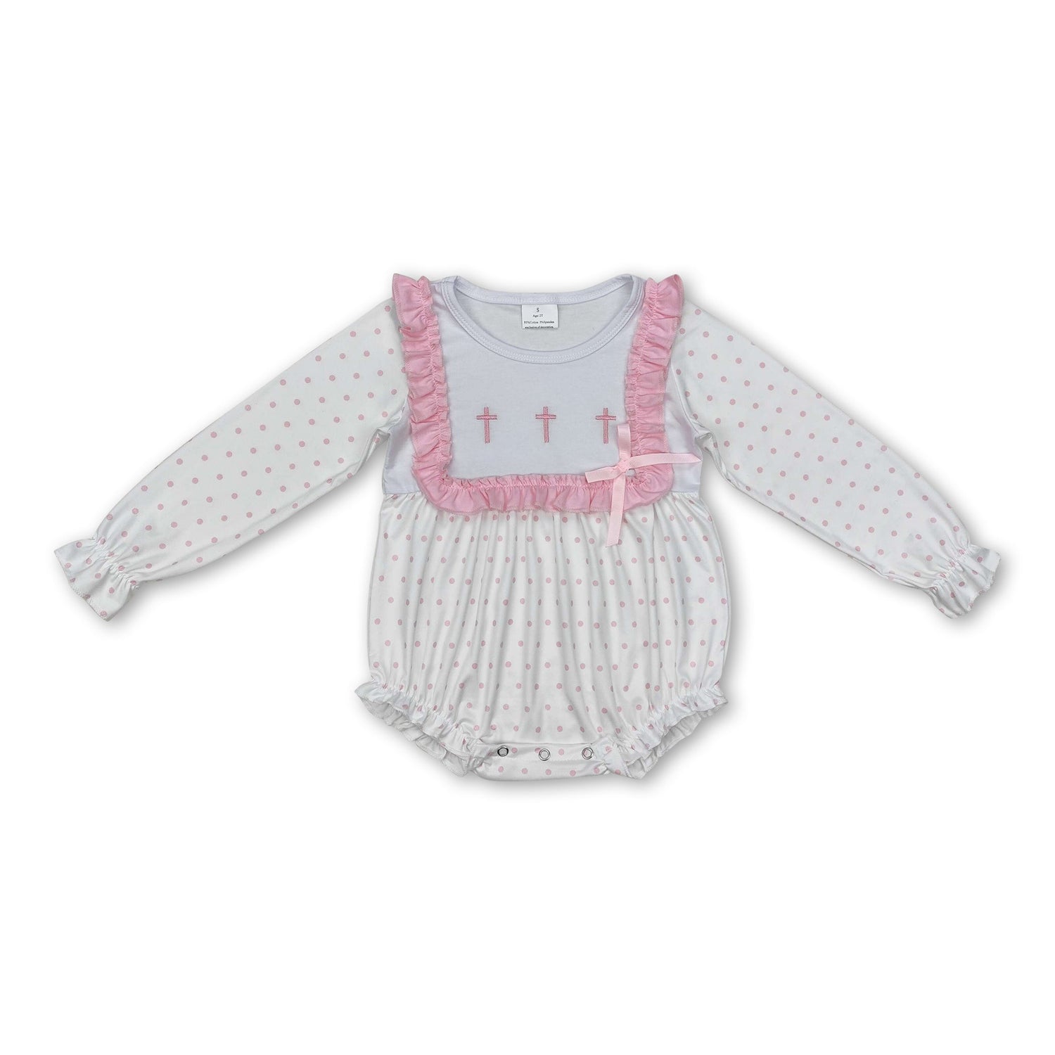 Pink polka dots cross baby girls Easter romper