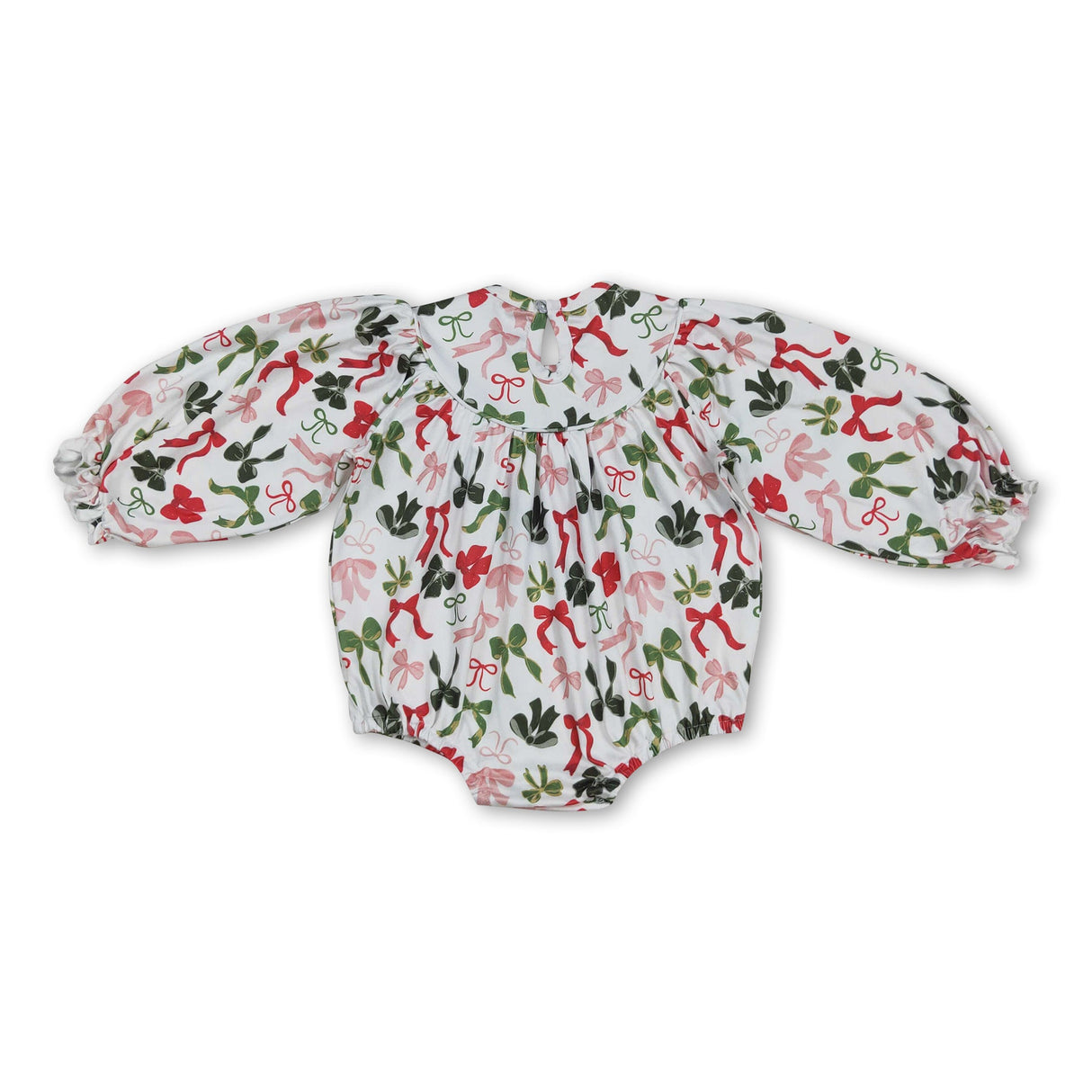 Long sleeves green red bow girls Christmas romper
