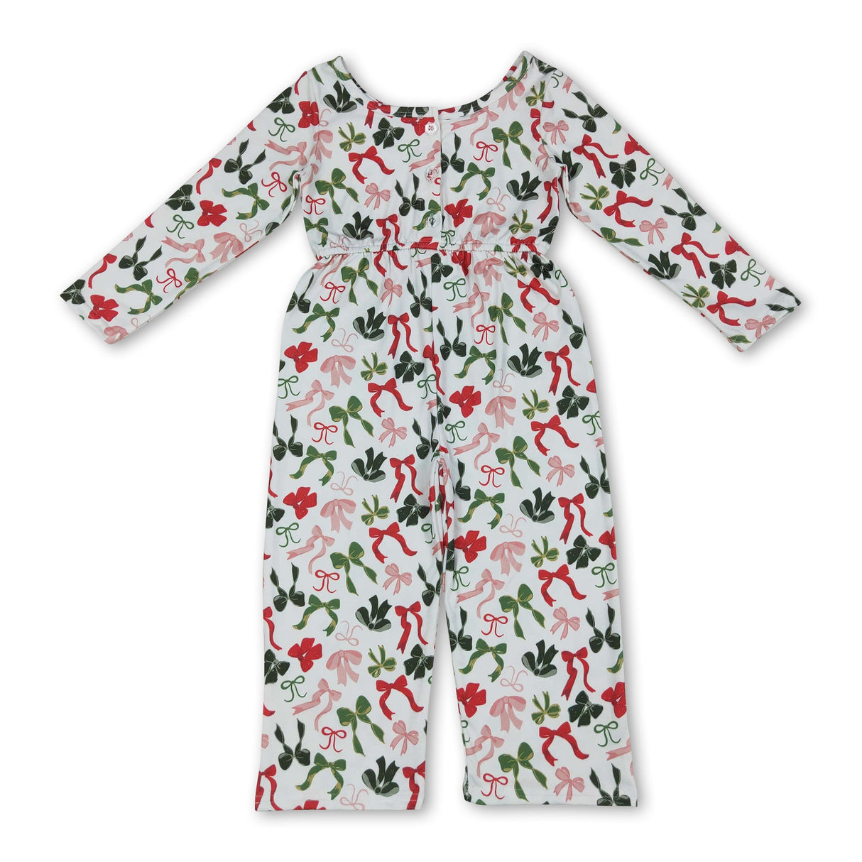 Long sleeves red green bow kids girls Christmas jumpsuit
