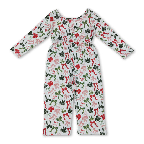 Long sleeves red green bow kids girls Christmas jumpsuit