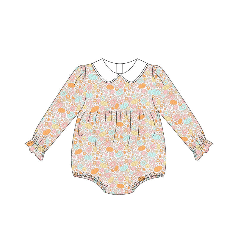 Long sleeves pumpkin floral baby girls fall romper