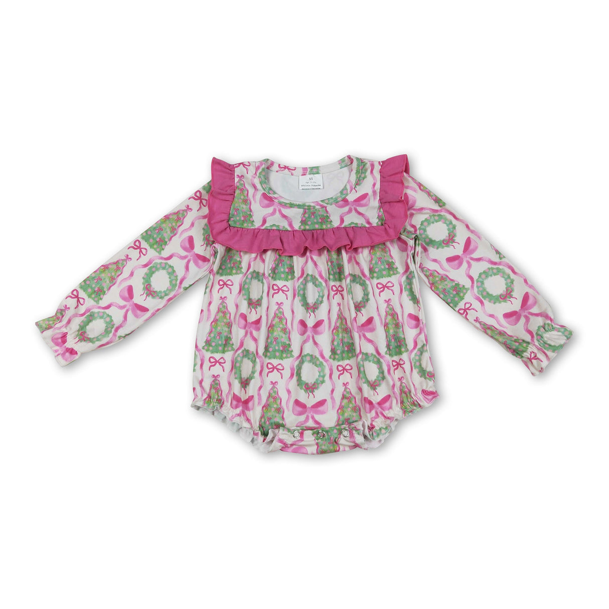 Long sleeves pink bow Christmas tree baby girl romper