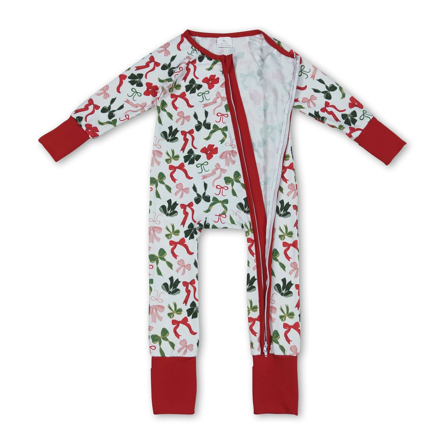 Long sleeves red green bows baby Christmas zipper romper