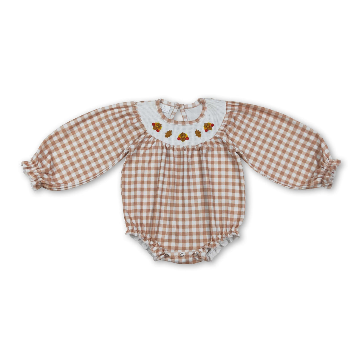 Khaki plaid turkey smocked girls Thanksgiving romper