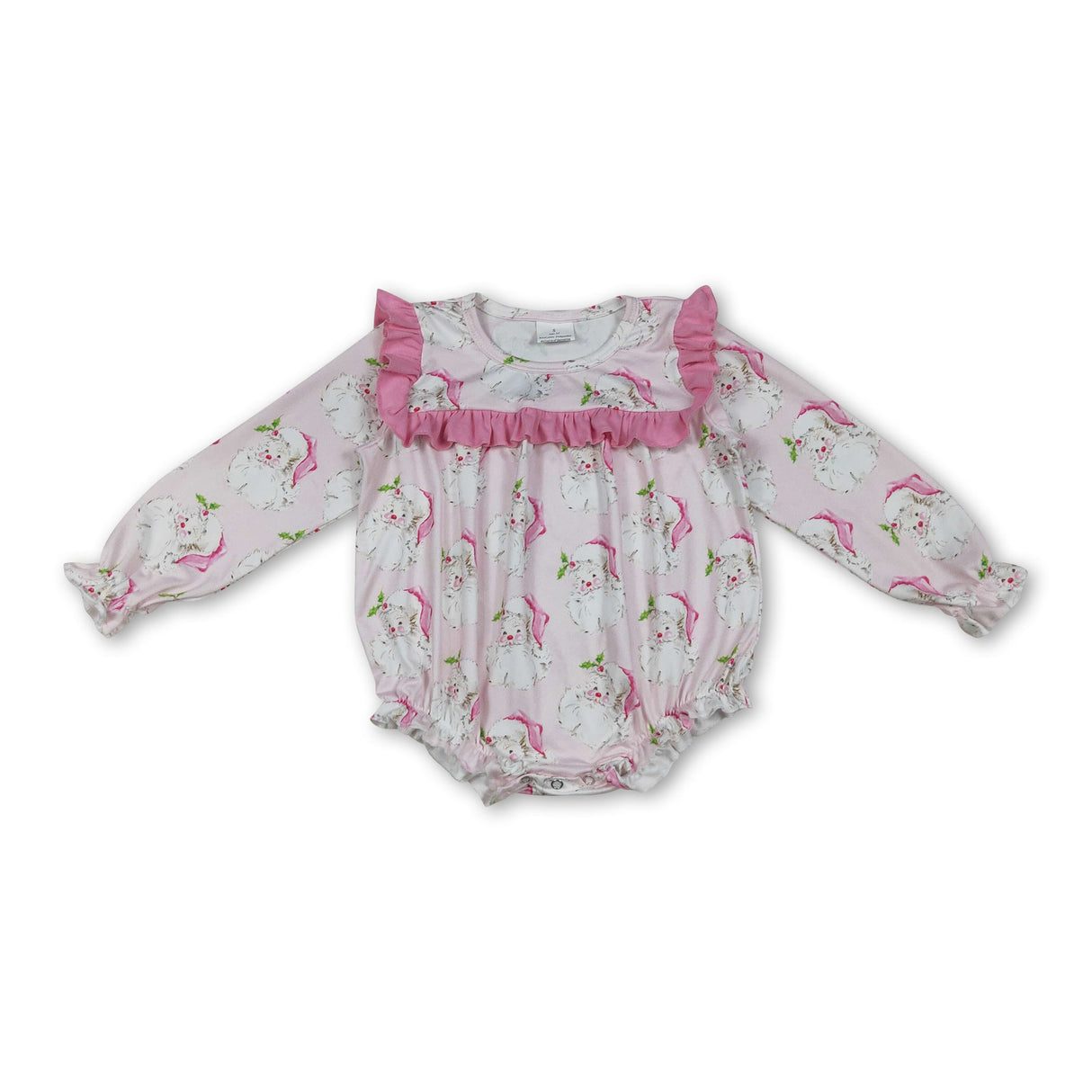 Long sleeves pink ruffle santa baby girls Christmas romper