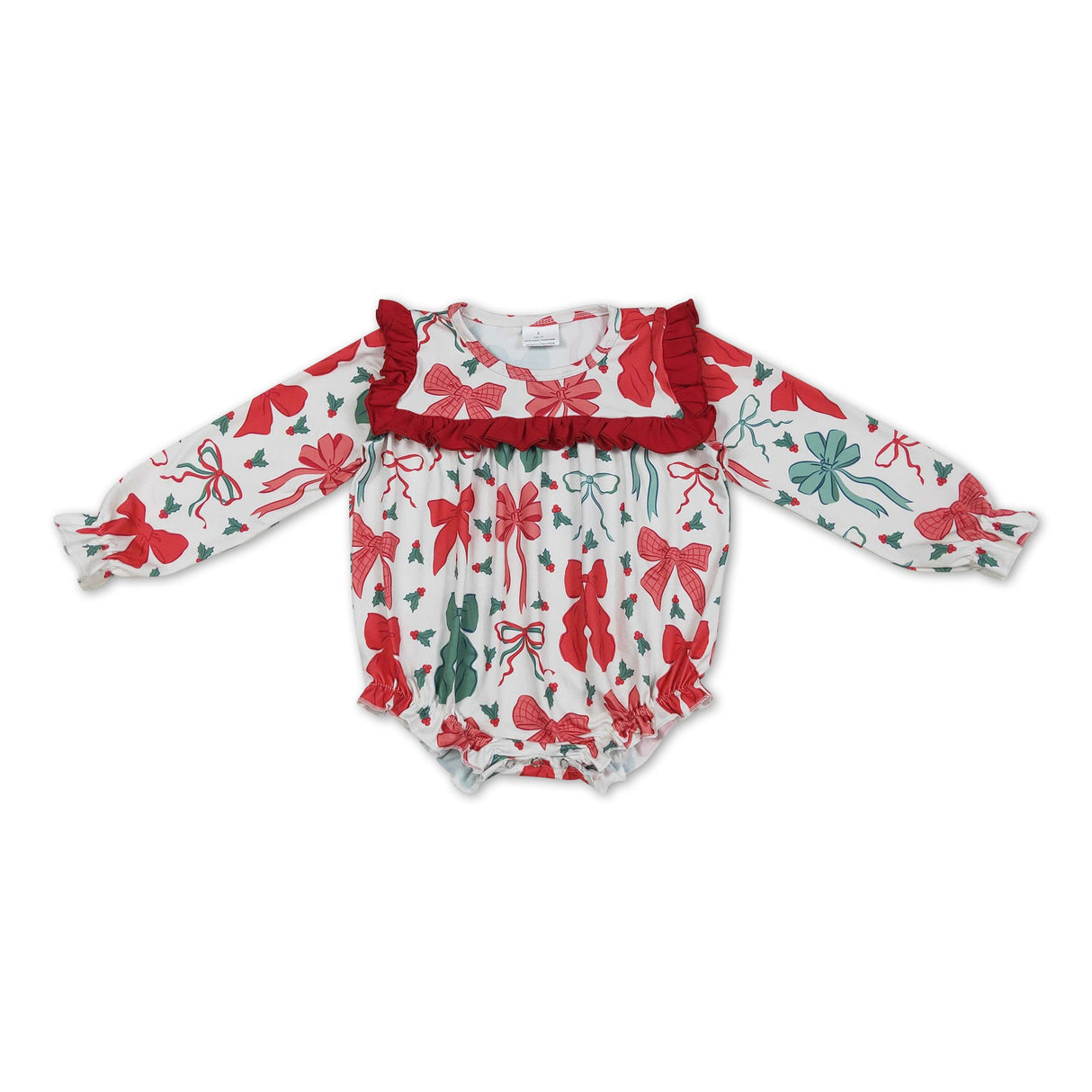 Long sleeves green red bow baby girls Christmas romper
