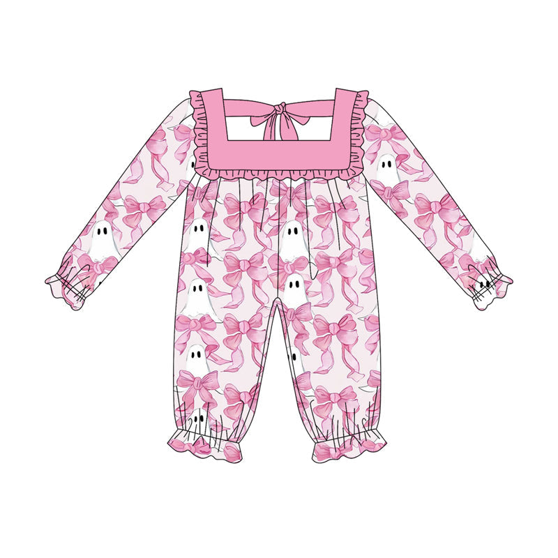 Long sleeves pink ruffle bow ghost baby Halloween romper