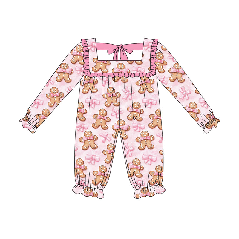 Pink ruffle bow gingerbread baby Christmas romper