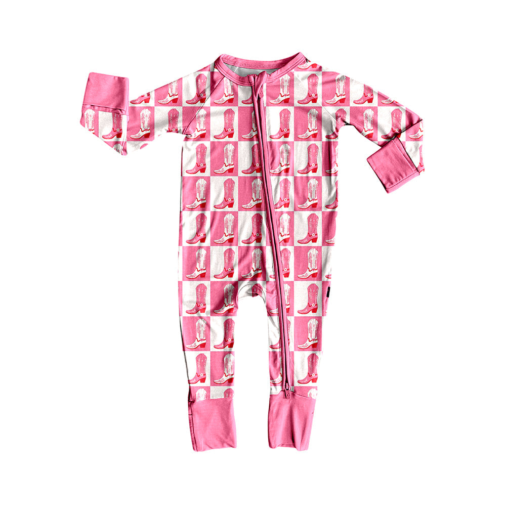 Long sleeves pink boots western baby girls zipper romper