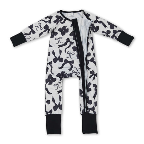 Long sleeves black bows baby girls zipper romper