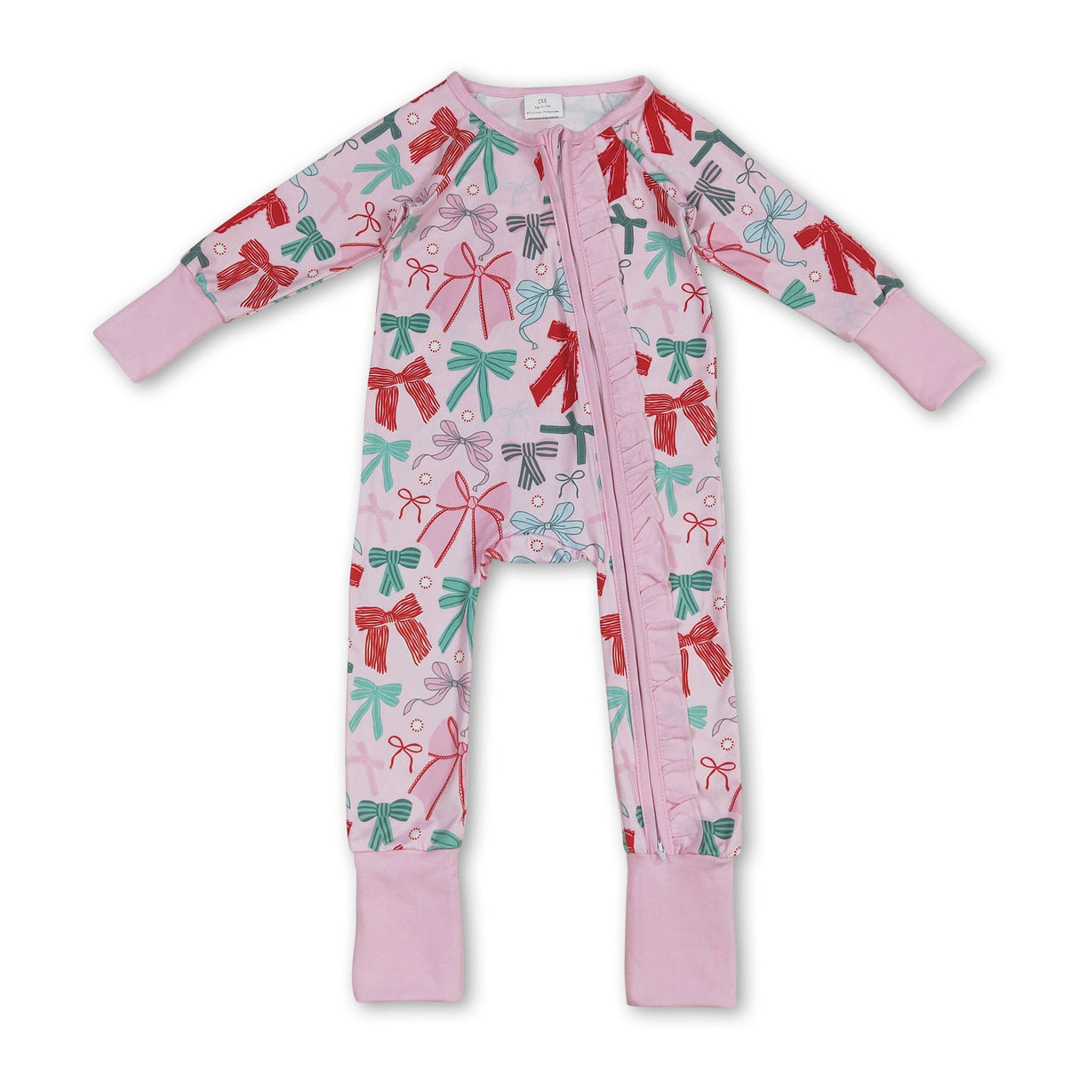 Pink long sleeves bows baby girls Christmas zip romper