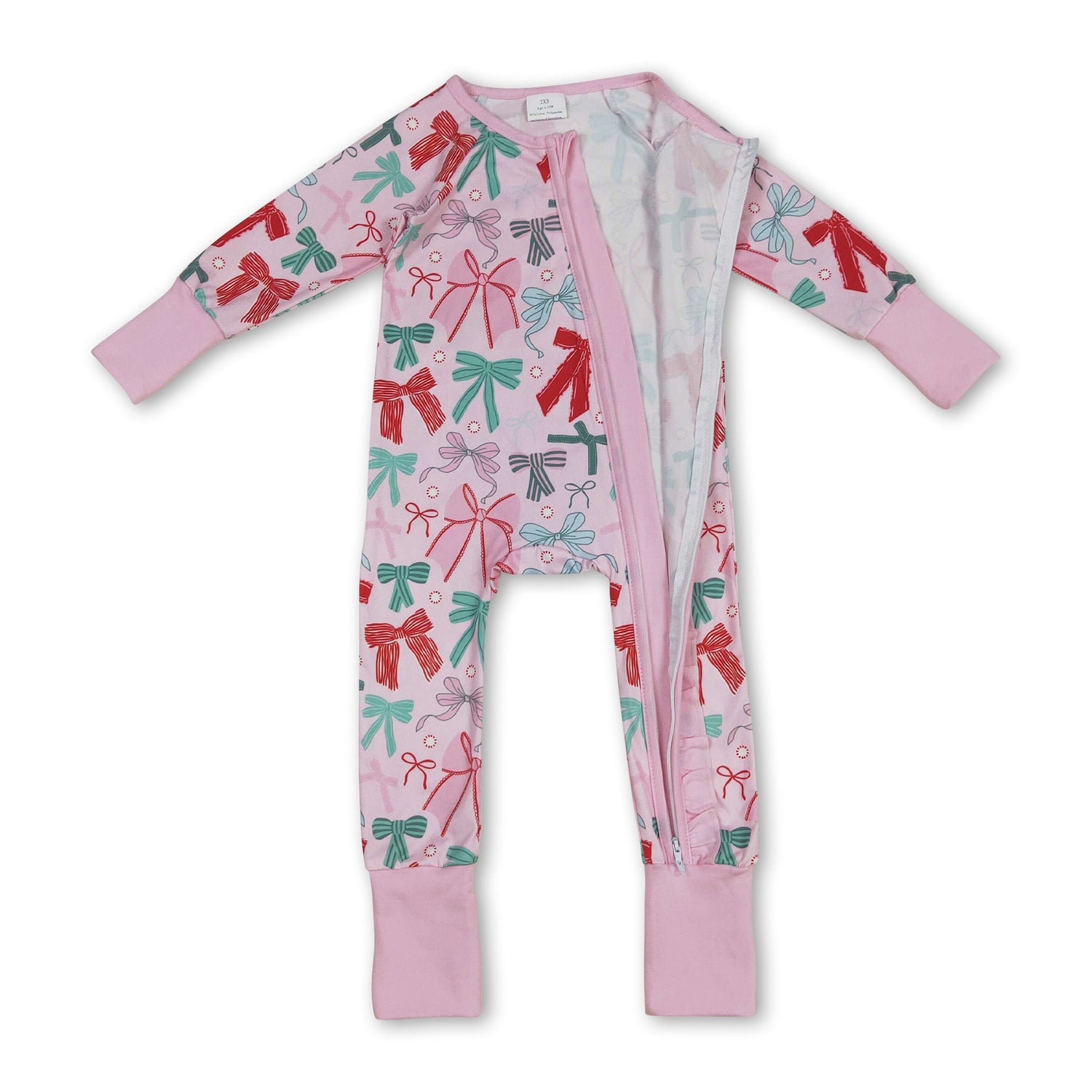 Pink long sleeves bows baby girls Christmas zip romper
