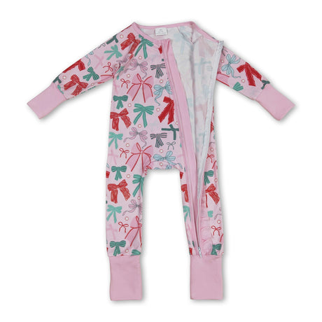 Pink long sleeves bows baby girls Christmas zip romper