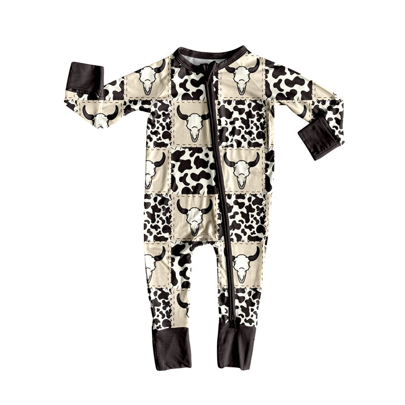 Black long sleeves bull skull bow western baby zip romper