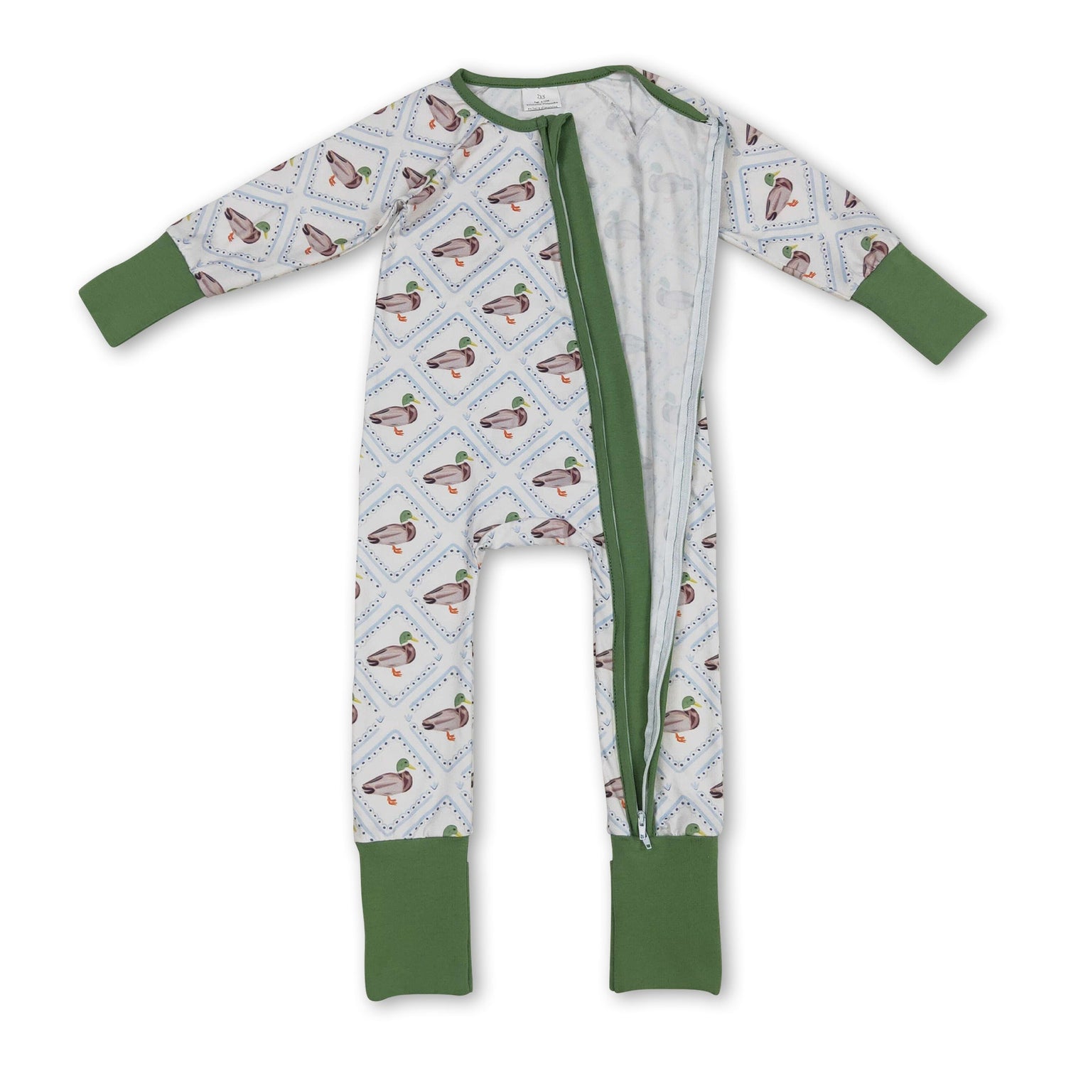 Green long sleeves duck baby kids zipper romper