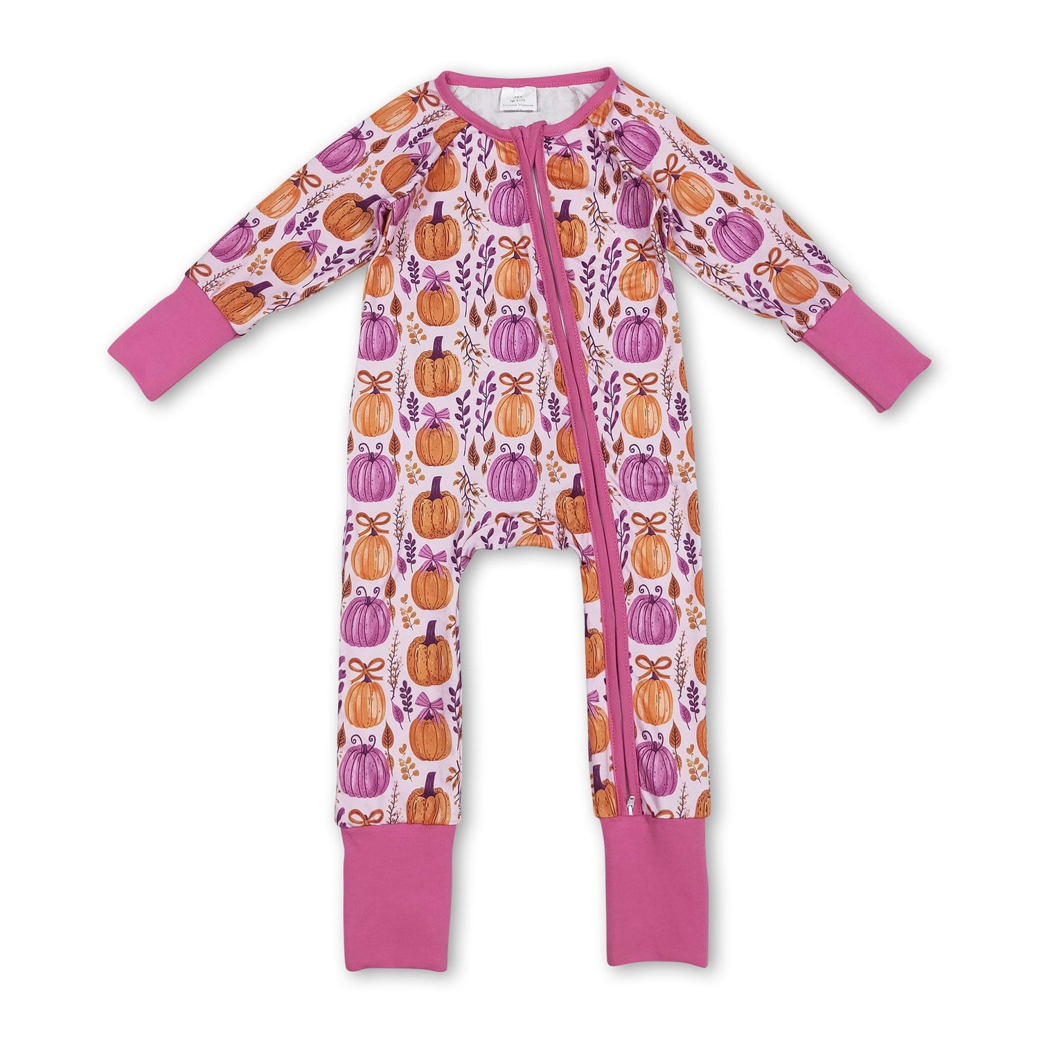 Long sleeves pumpkin bow baby girl zipper romper