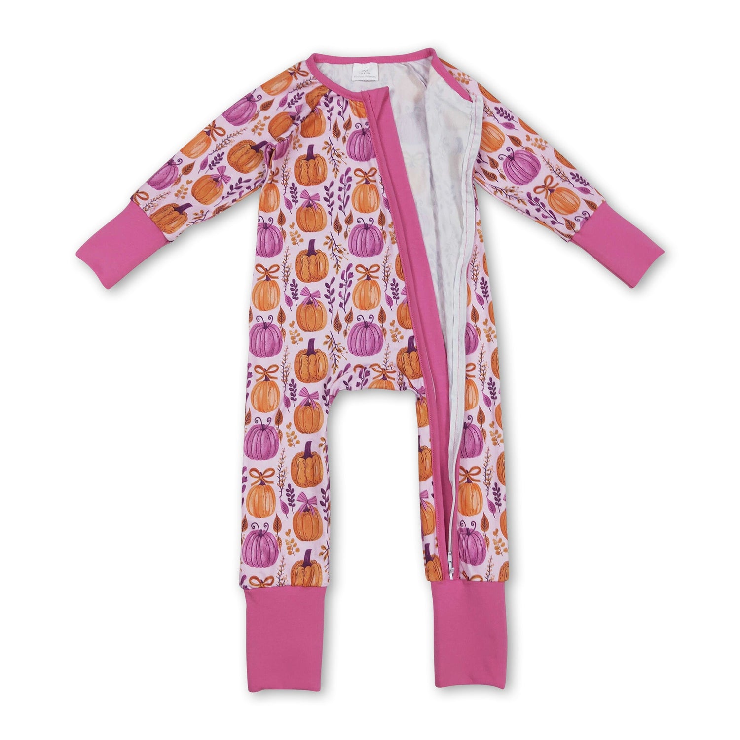 Long sleeves pumpkin bow baby girl zipper romper