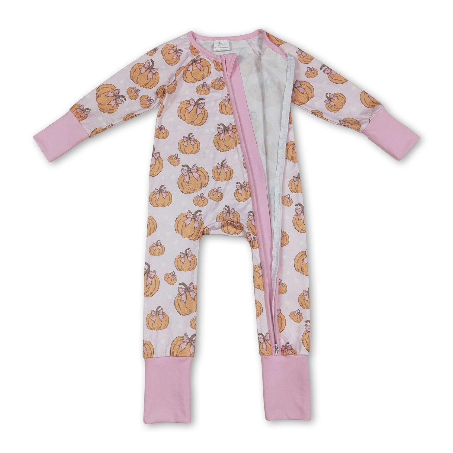 Long sleeves pumpkin pink bow baby girl zipper romper