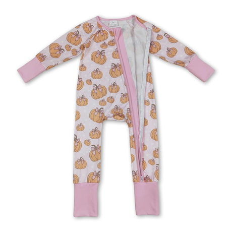 Long sleeves pumpkin pink bow baby girl zipper romper