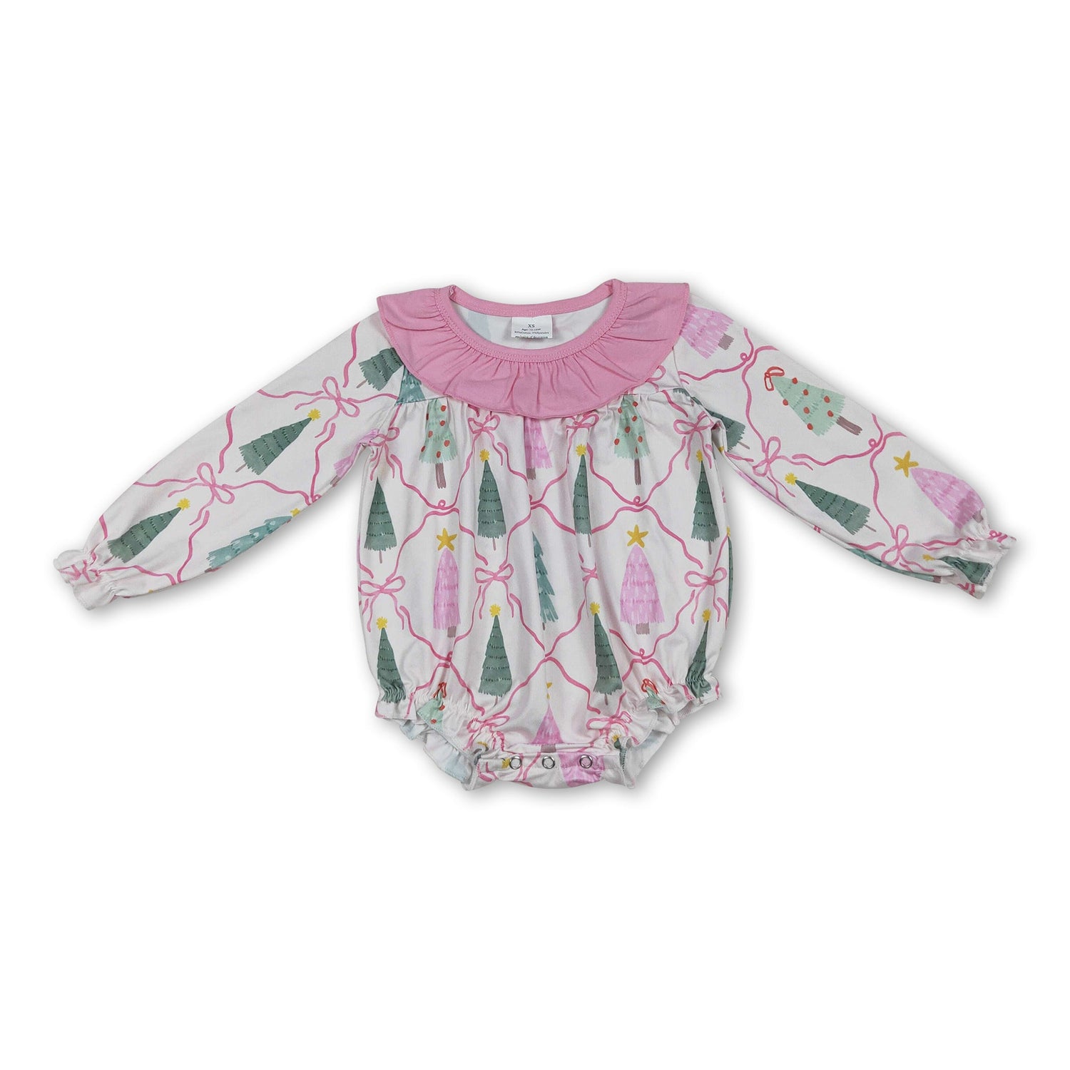 Long sleeves pink bow Christmas tree baby girl zipper romper