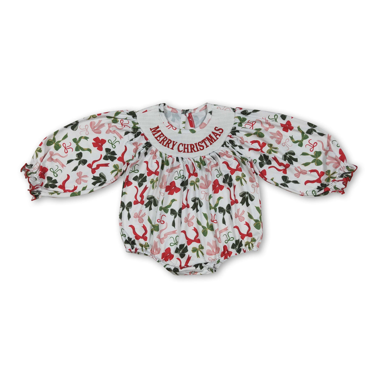 Red green bow Merry Christmas smocked girls romper