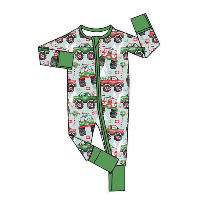 Green red car santa baby boy Christmas zipper romper
