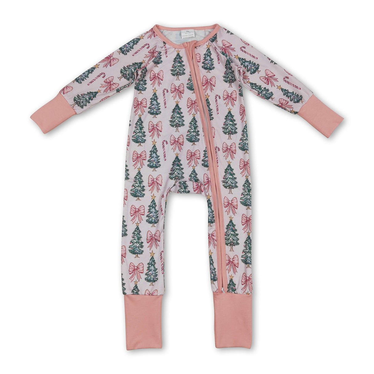 Pink bow candy cane Christmas tree girls zipper romper