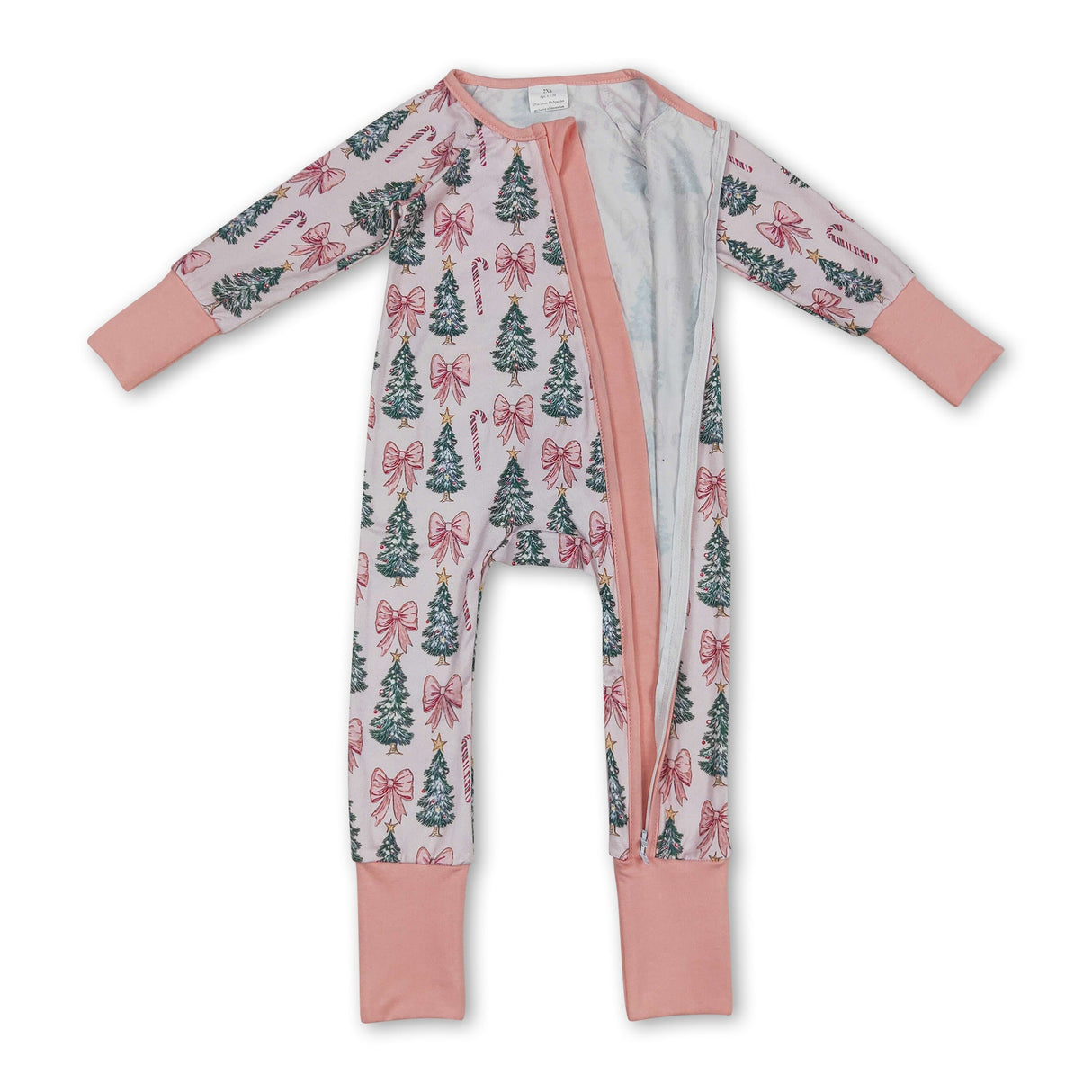 Pink bow candy cane Christmas tree girls zipper romper