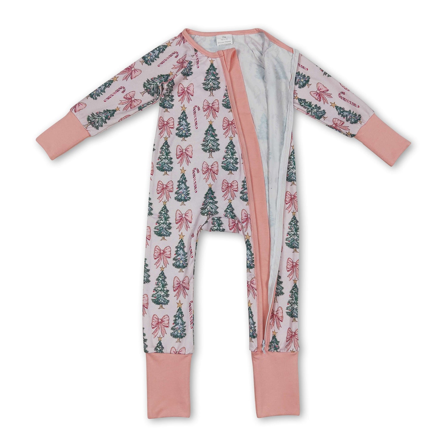 Pink bow candy cane Christmas tree girls zipper romper