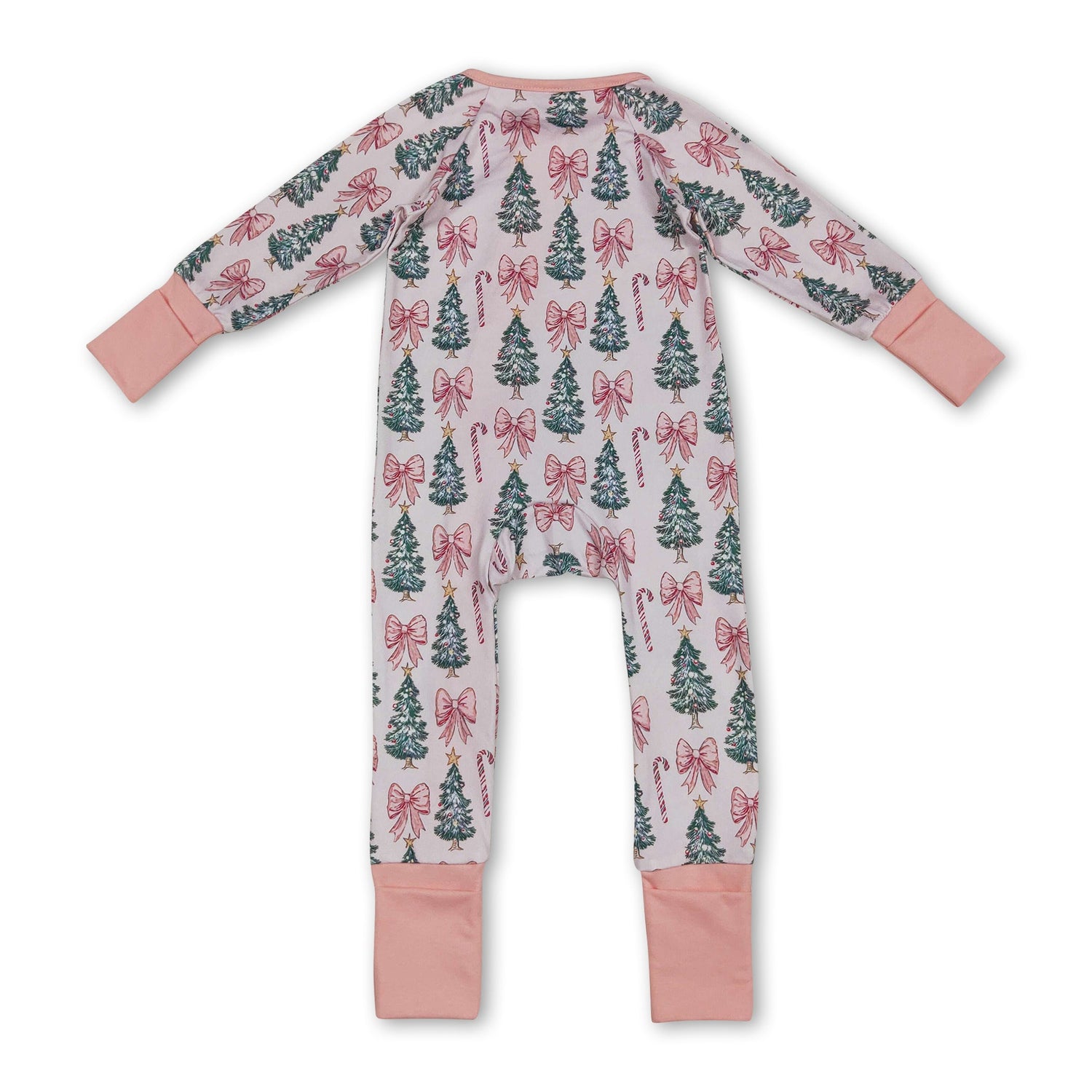 Pink bow candy cane Christmas tree girls zipper romper