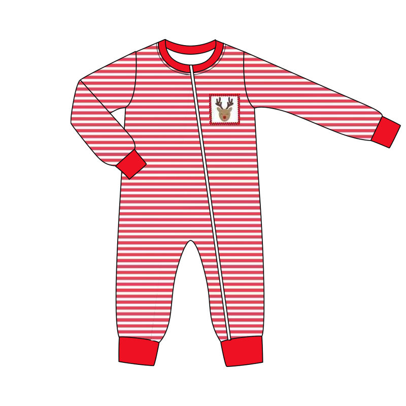 Long sleeves stripe deer baby boys Christmas zipper romper