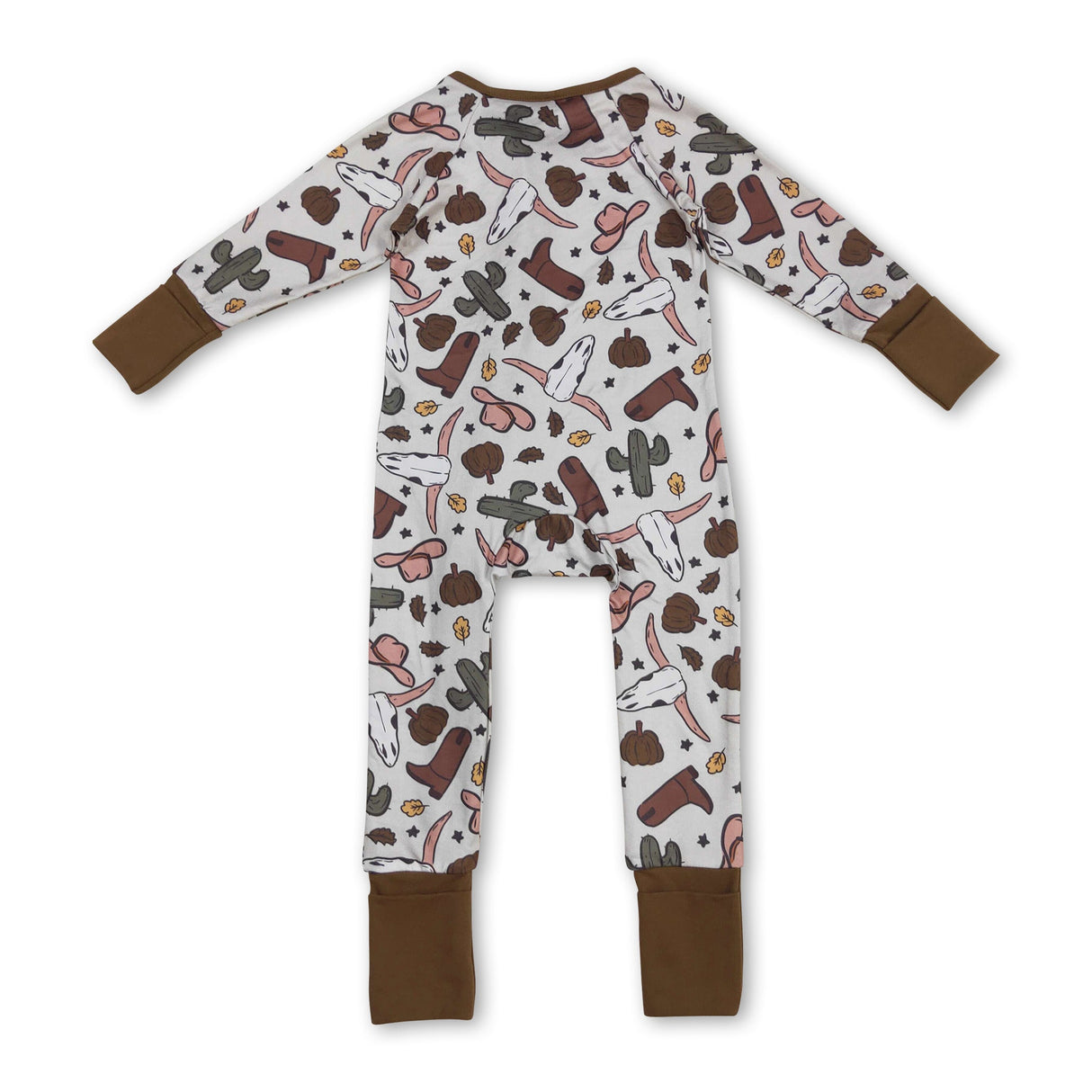 Bull skull cactus pumpkin boy western fall zipper romper
