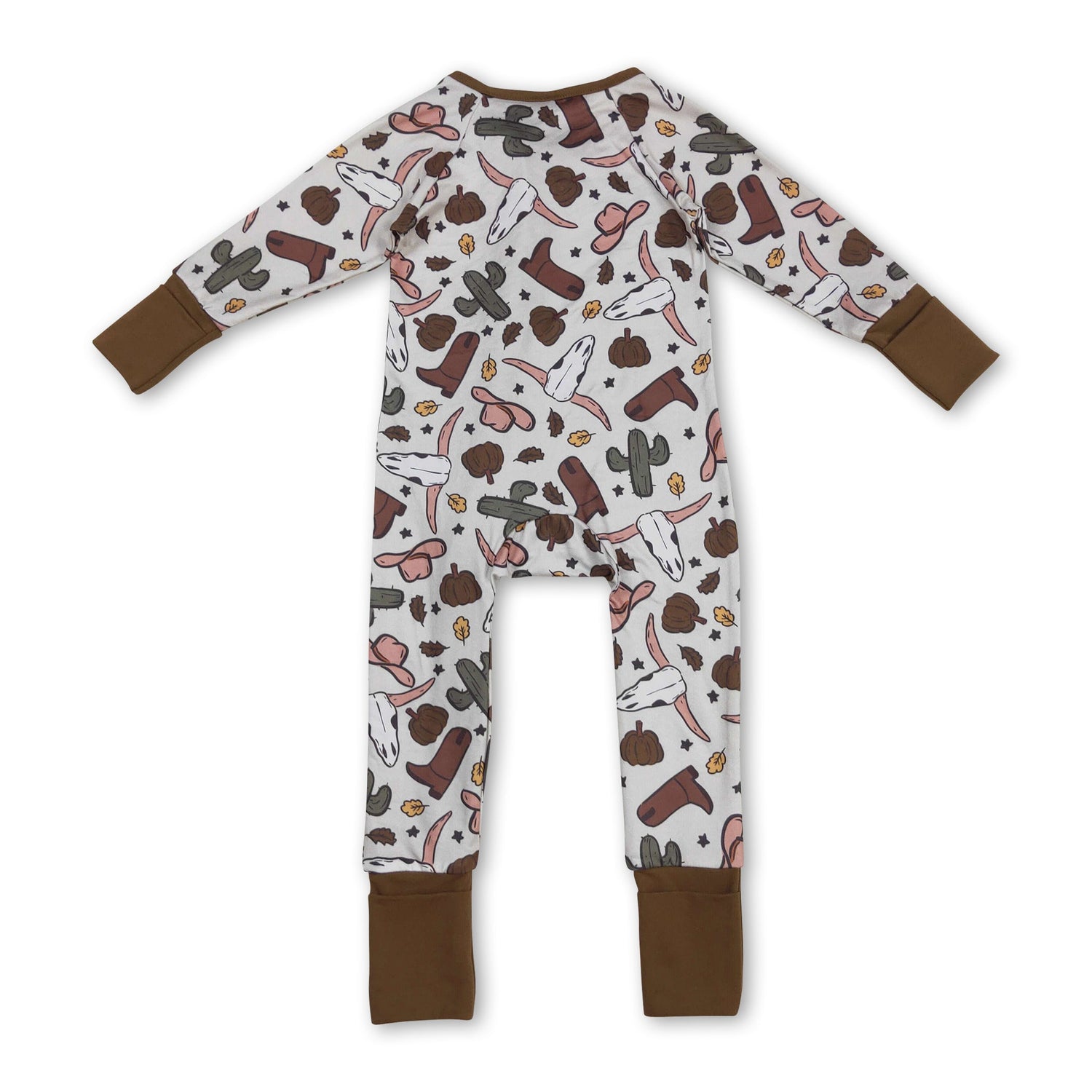Bull skull cactus pumpkin boy western fall zipper romper