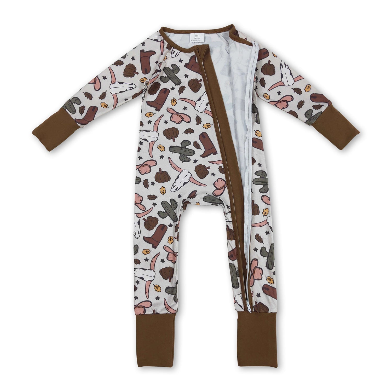 Bull skull cactus pumpkin boy western fall zipper romper