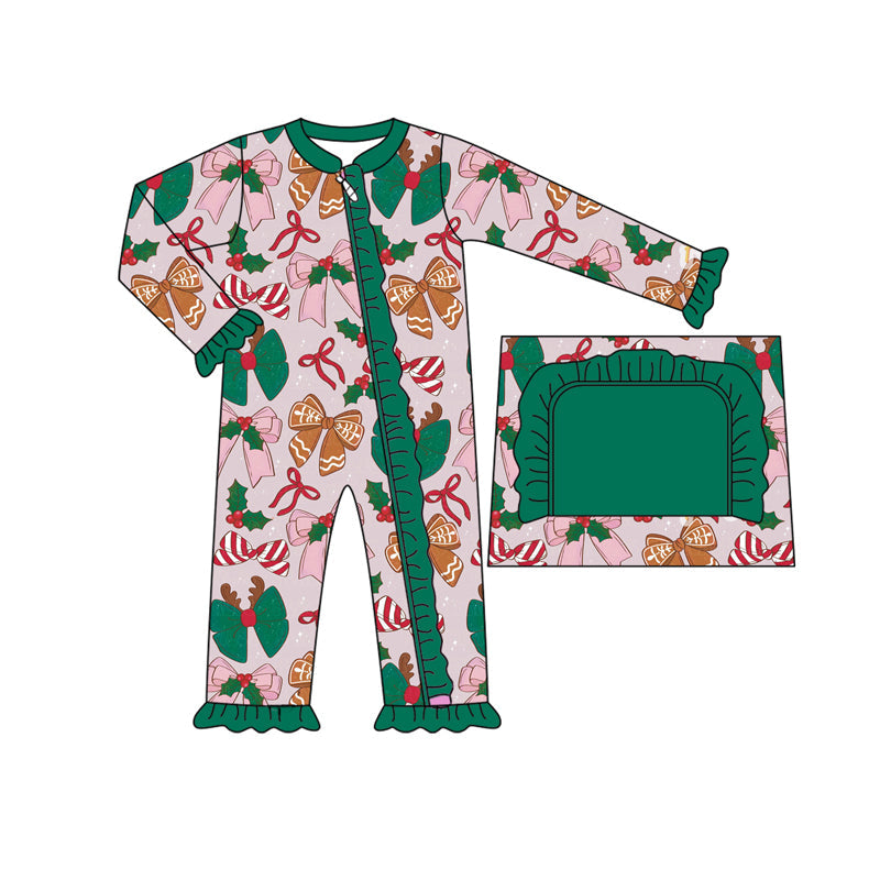 Green ruffle gingerbread deer bow girls Christmas zipper romper