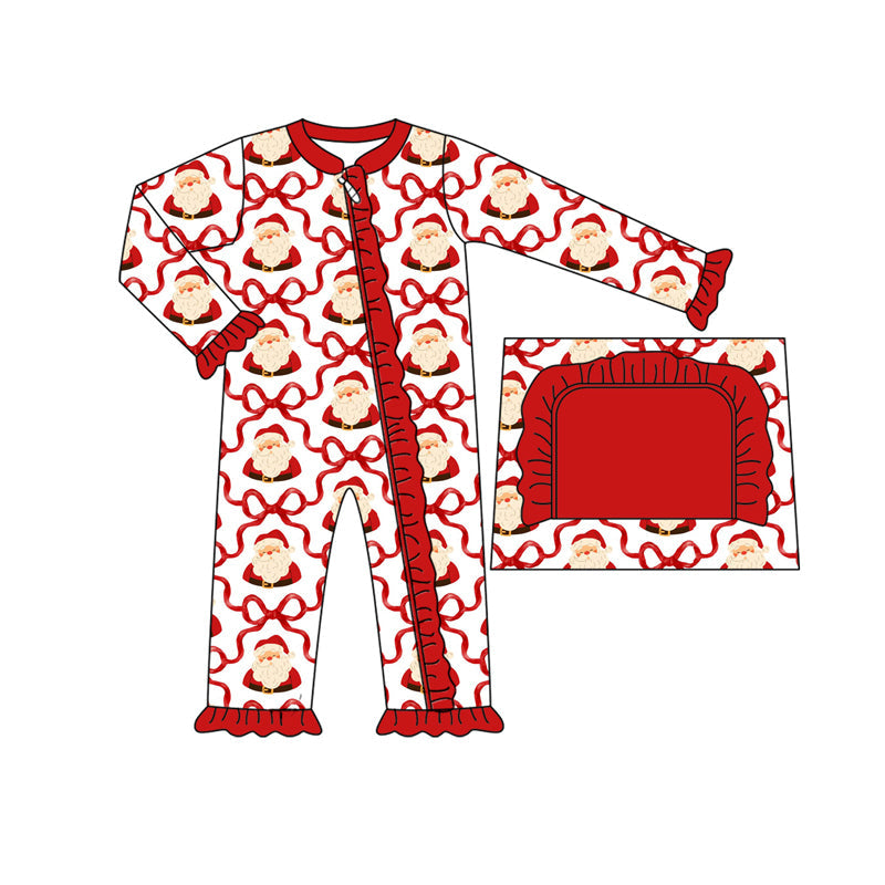 Red ruffle santa bow baby girls Christmas zipper romper