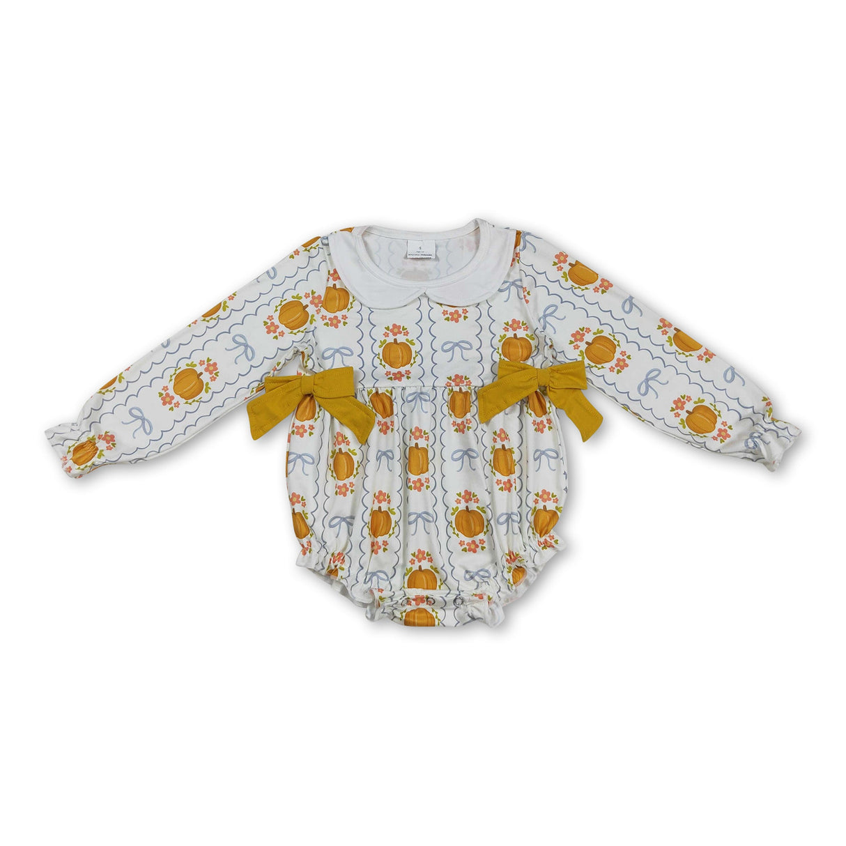 Long sleeves pumpkin floral bow baby girls fall romper