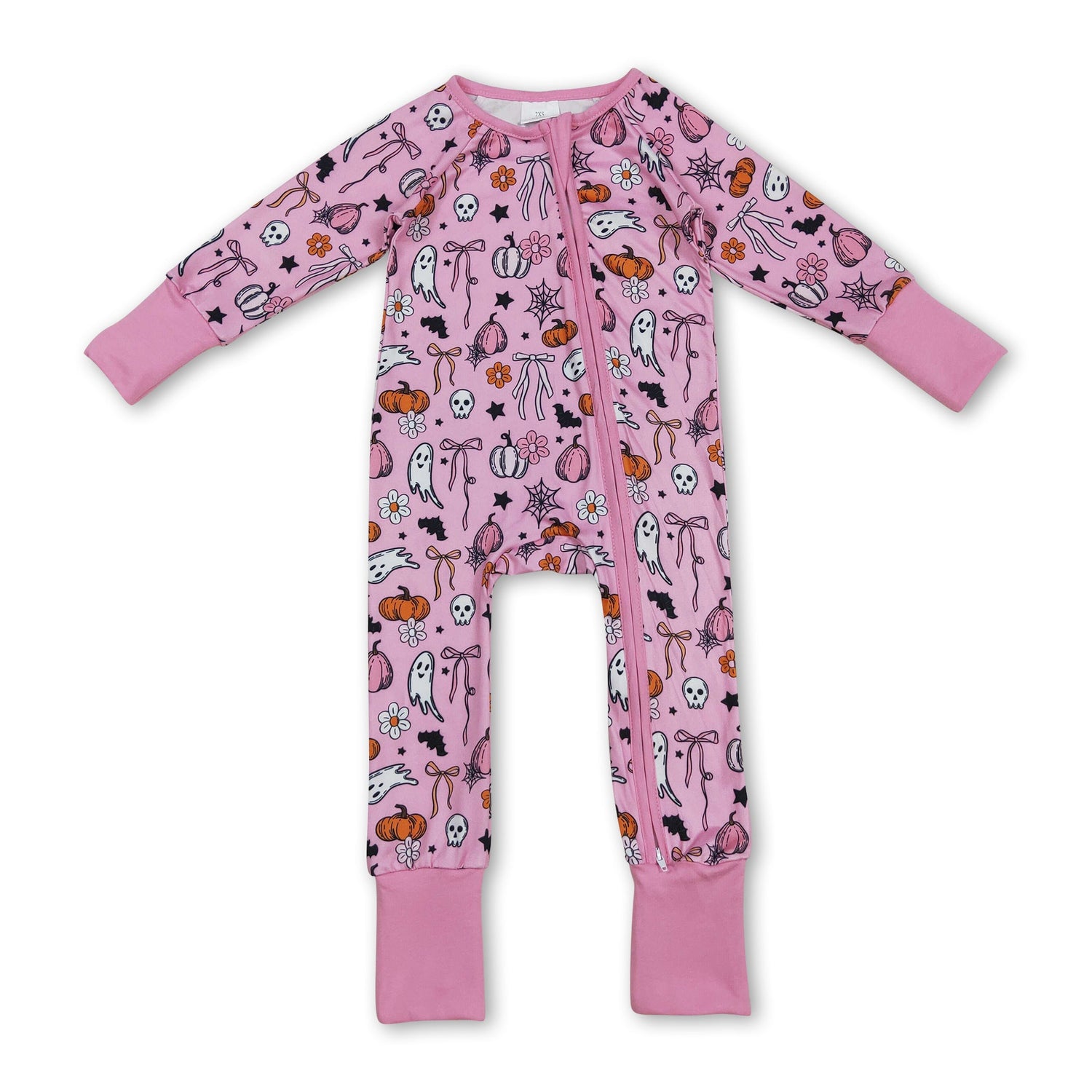 Pink bow pumpkin ghost baby girls Halloween zipper romper