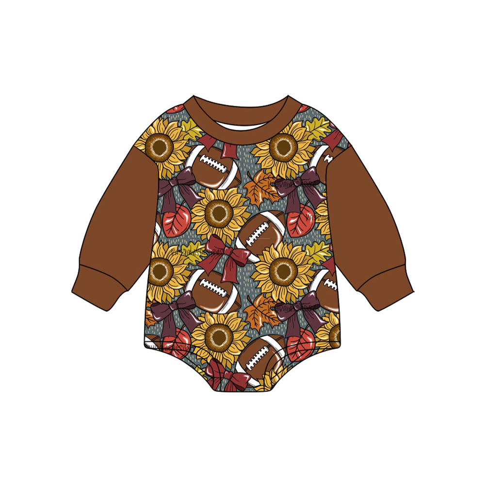 Brown long sleeves football sunflower bow baby girls romper