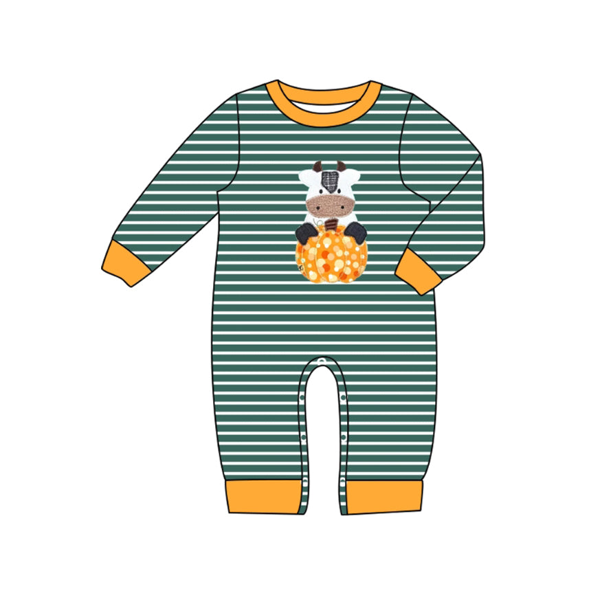 Long sleeves stripe cow pumpkin baby boy fall romper