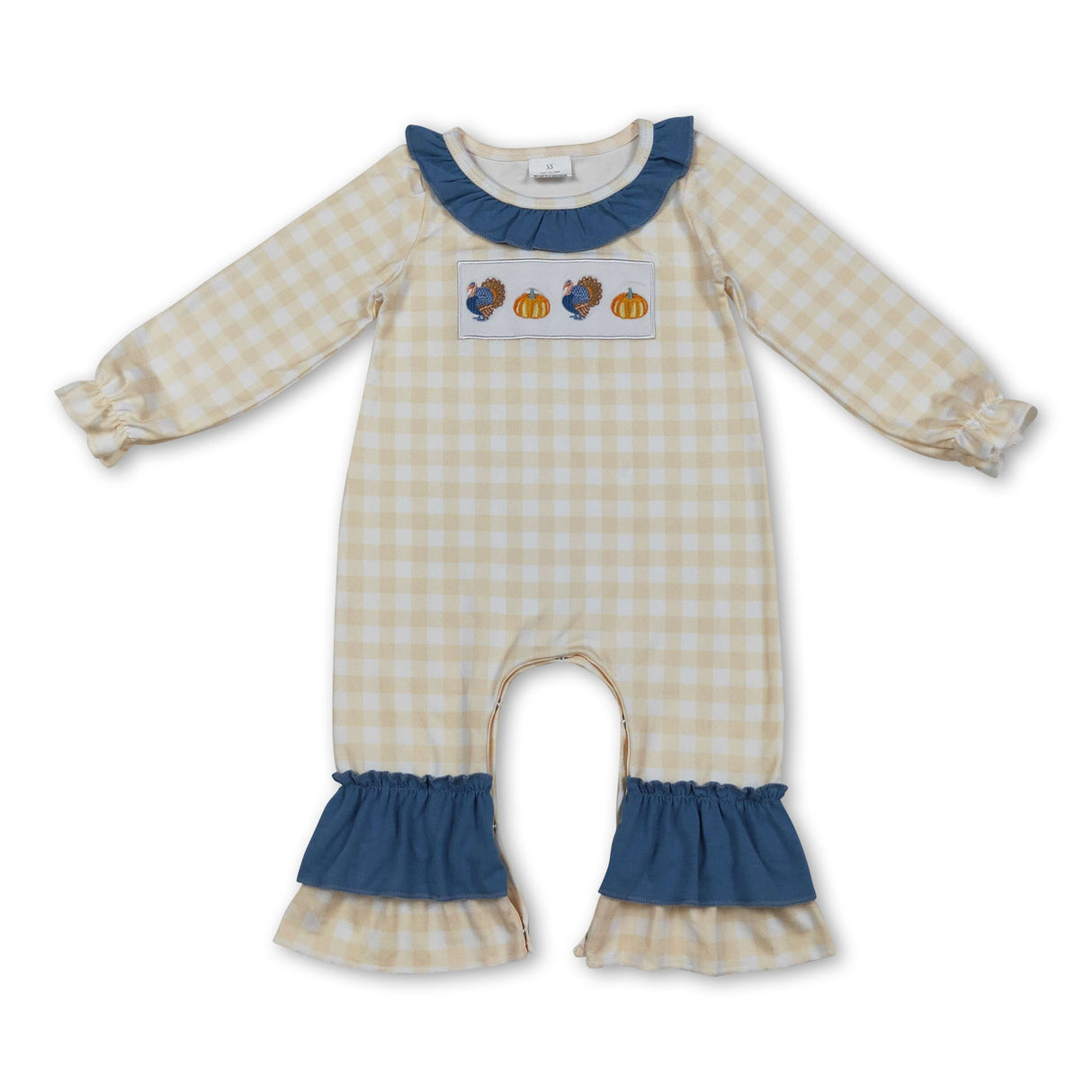 Plaid long sleeves turkey pumpkin girls Thanksgiving romper