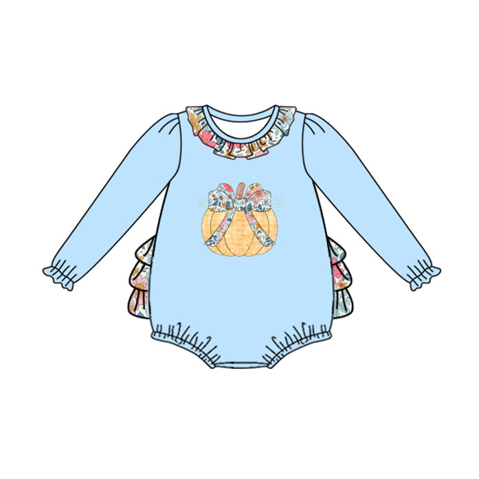 Long sleeves floral bow pumpkin ruffle girls fall romper