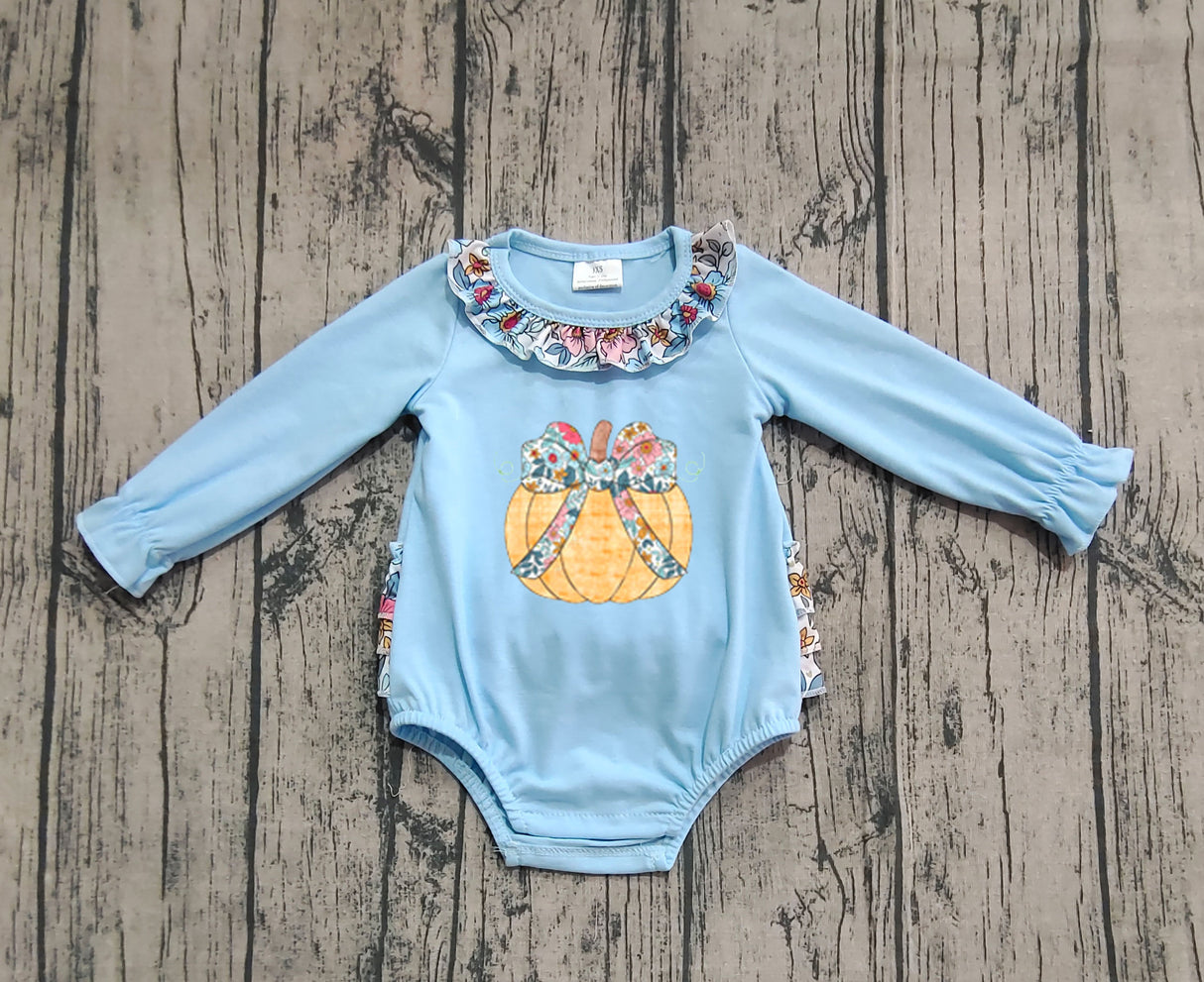 Long sleeves floral bow pumpkin ruffle girls fall romper